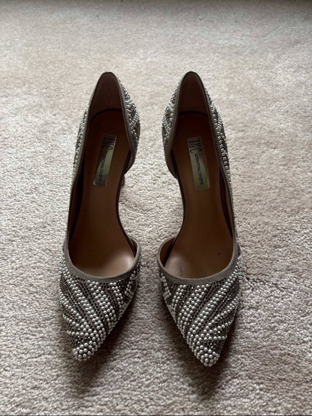 INC - Embellished Pearl-Studded Pointed-Toe Heels in Silver